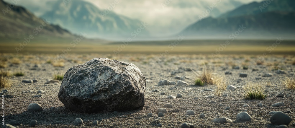 Poster stone in a vast wilderness landscape with mountains and empty space for text creating a serene and n
