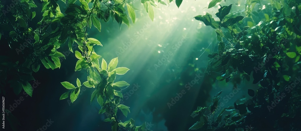 Poster serene sunlight illuminating lush green foliage with ethereal rays creating an inviting atmosphere a