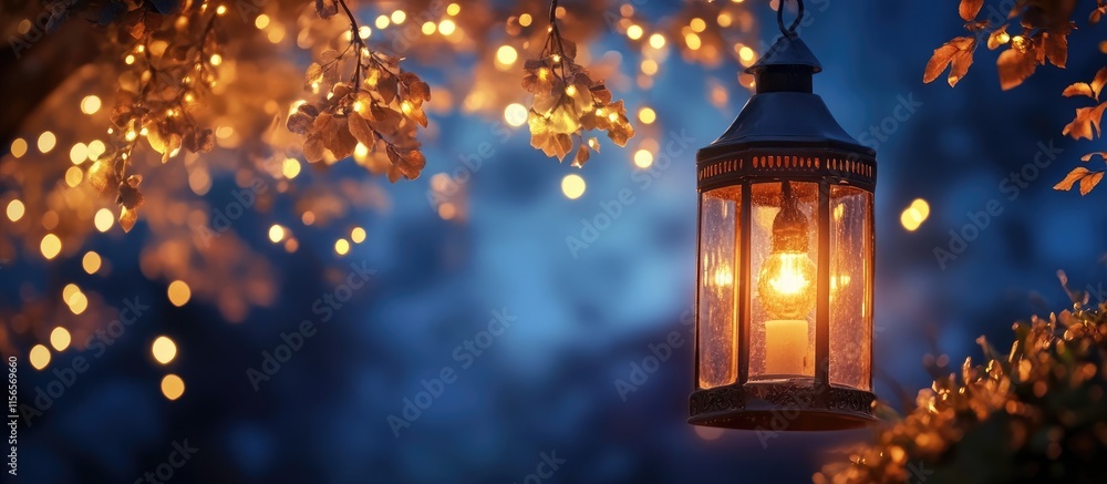Poster serene nighttime outdoor scene featuring a lantern with warm glow and soft bokeh lights creating inv