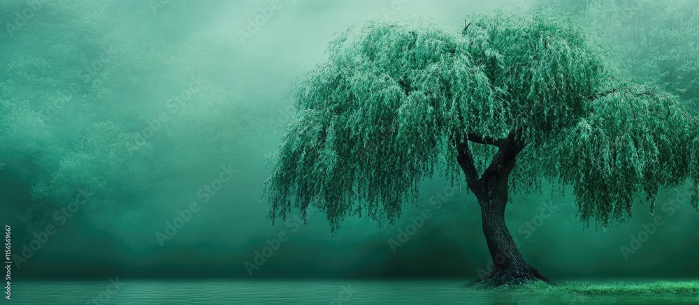 Aufkleber serene tree in lush green environment with misty background offering ample space for text or design 