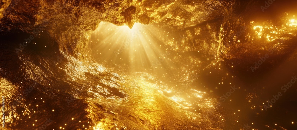 Poster golden underwater cave illuminated by sunlight rays creating a dreamy atmosphere with ample space fo