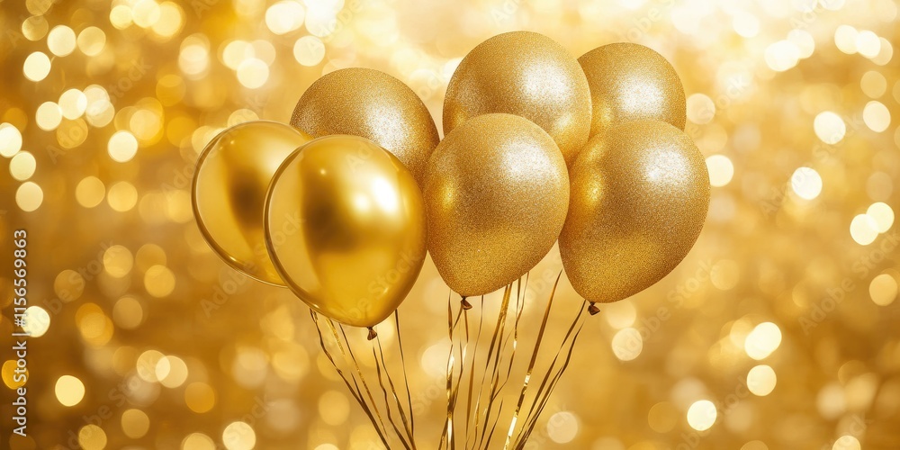 Poster gold balloons shimmering on a soft golden backdrop creating a festive atmosphere perfect for celebra