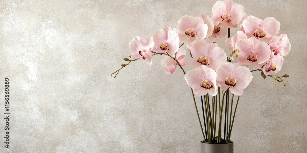 Poster elegant artificial orchids in a sophisticated interior space with ample copy space for text and desi