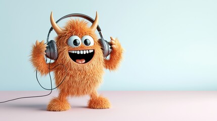 Playful monster character with headphones digital art fun environment