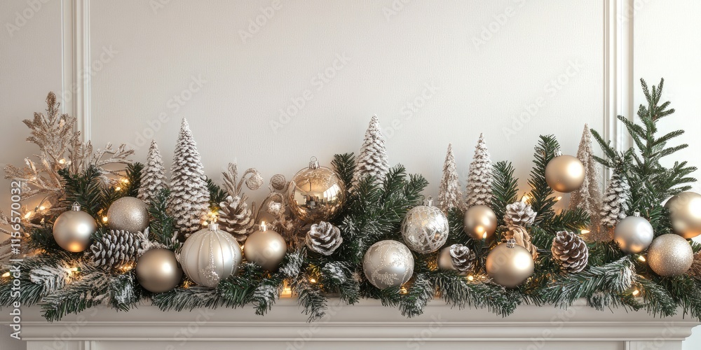 Poster elegant christmas decoration display with ornaments and pinecones on a foliage base empty space for 