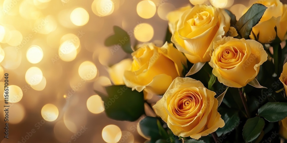 Poster elegant yellow roses arrangement with bokeh lights and soft background for text overlay in romantic 