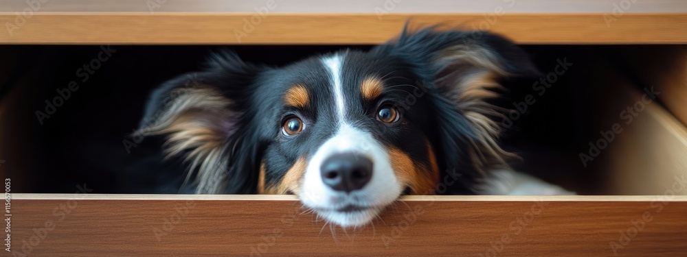 Poster dog relaxing in a drawer inside a cozy apartment with ample space for adding text or creative conten