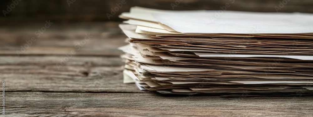 Aufkleber documents stacked on a rustic wooden desk ready for audit with blank space for text in a professiona