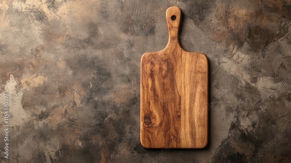 Poster rustic wooden cutting board on dark textured background with empty space for culinary text and recip