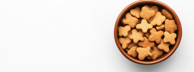 Ceramic dog bowl filled with bone-shaped treats on a white background showcasing empty space for text or advertising purposes
