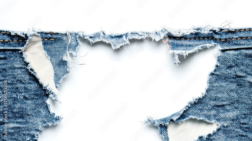 Poster frayed denim hole on white background providing ample copy space for text and design elements in hig