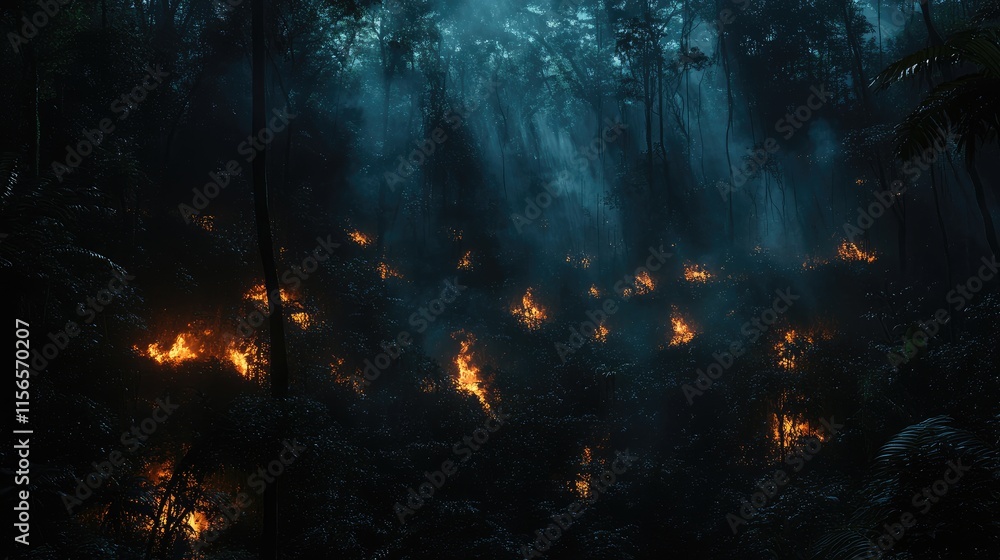 Aufkleber dense amazon rainforest on fire capturing climate change consequences with space for text integratio