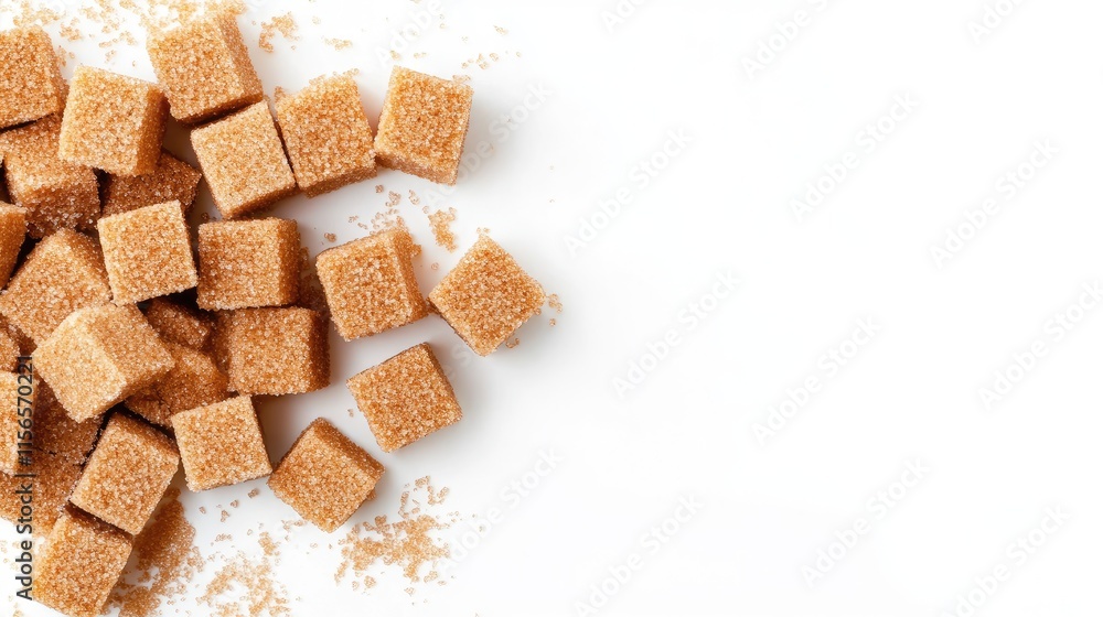 Poster demerara cane sugar cubes on white background with empty space for text and scattered sugar granules