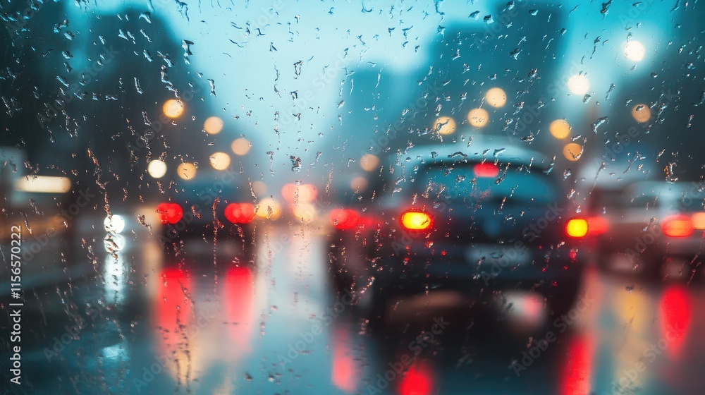 Poster delivery truck navigating rainy traffic with blurred city lights creating an atmospheric backdrop an