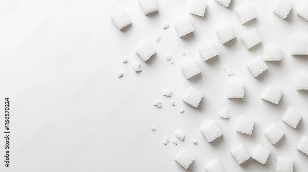 Poster demerara sugar cubes scattered on a white background with ample empty space for text and branding pu