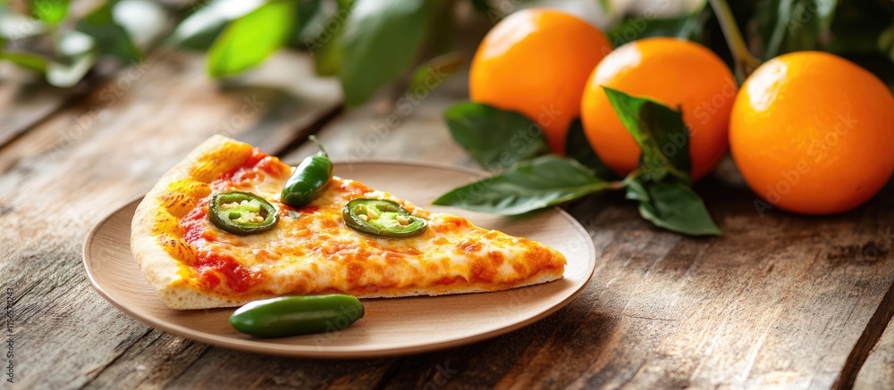 Poster delicious slice of pizza topped with jalapenos on a beige plate surrounded by oranges on a rustic wo