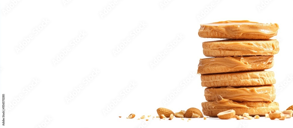 Poster peanut butter stack on white background with scattered peanuts and space for text perfect for health