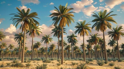 A serene landscape featuring tall palm trees under a blue sky with scattered clouds.