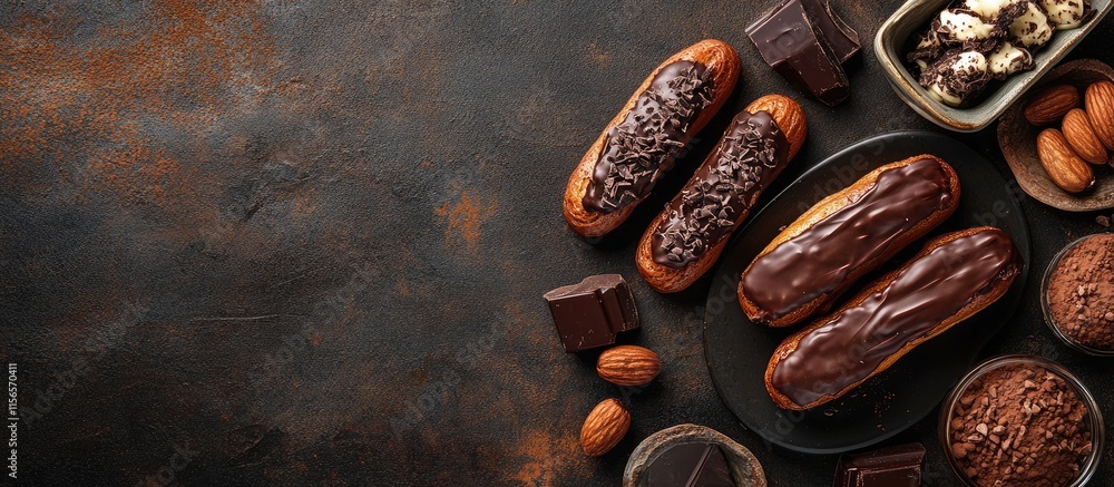 Poster homemade chocolate eclairs arranged on a dark rustic background with space for text and ingredients 