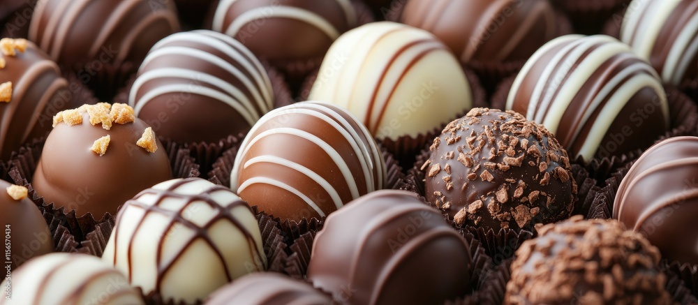Poster assorted gourmet chocolate truffles on display perfect for dessert lovers with ample space for text 