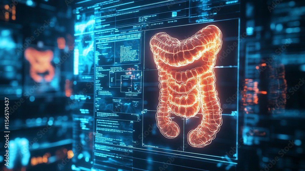 Poster 3d visualization of the human intestines with digital data overlay.