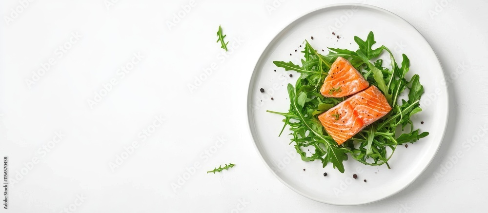 Poster grilled salmon fillet served on a bed of arugula on a white plate with empty space for text and pres