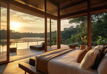  A bedroom with a balcony overlooking the river