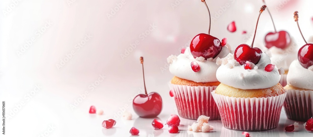 Poster delicious cupcakes topped with cherries on a light background with space for your text or design ele