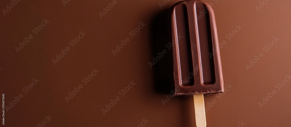 Poster chocolate popsicle on a chocolate background with a wooden stick and ample blank space for creative 