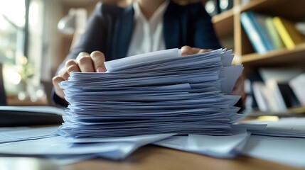 Employee organizing stacks of document papers, office work space, organize the data manually business information