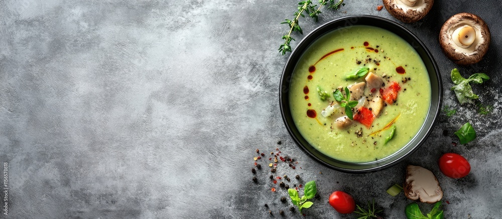 Poster homemade asparagus and oyster mushroom soup garnished with herbs on a rustic table with space for te