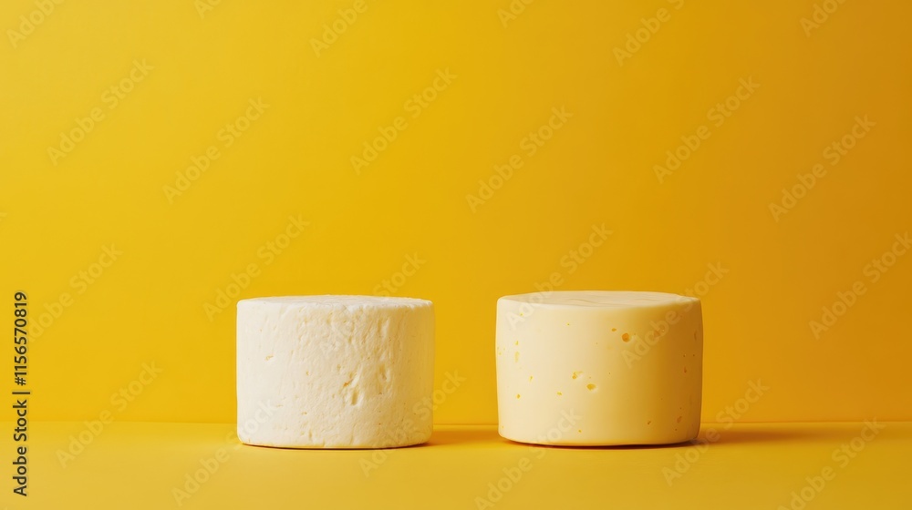 Poster vegan cheese alternatives on vibrant yellow background with empty space for text or graphics