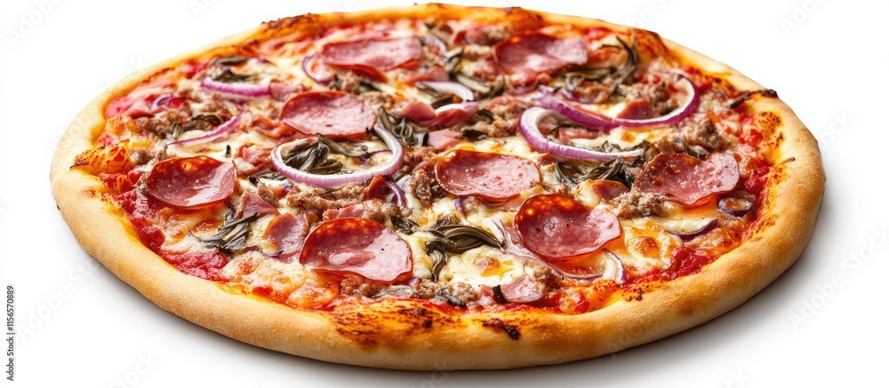 Poster delicious ham anchovy and onion pizza on white background with space for custom text or promotion.