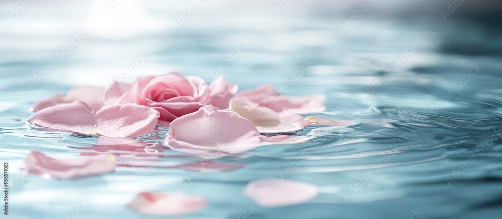Aufkleber serene scene of soft pink rose petals gracefully resting on a calm water surface with ample space fo