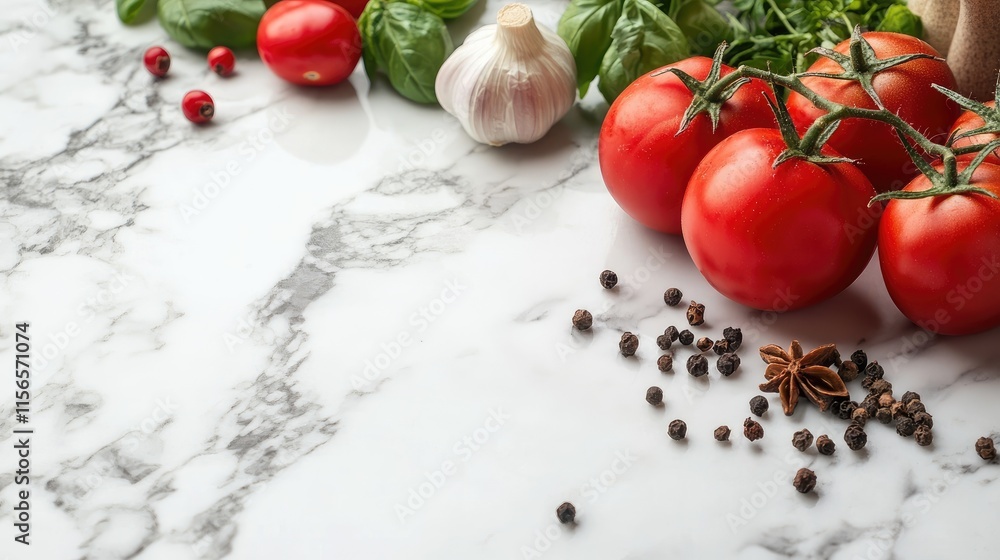 Poster culinary table display with fresh tomatoes herbs spices and copy space for text on marble background