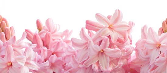 Soft pink hyacinth blossoms arranged elegantly with blank white space for customizable text overlay in floral design motif