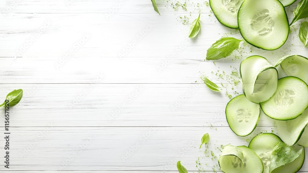 Poster fresh cucumber slices on white wooden surface with empty space for text and green basil leaves for h