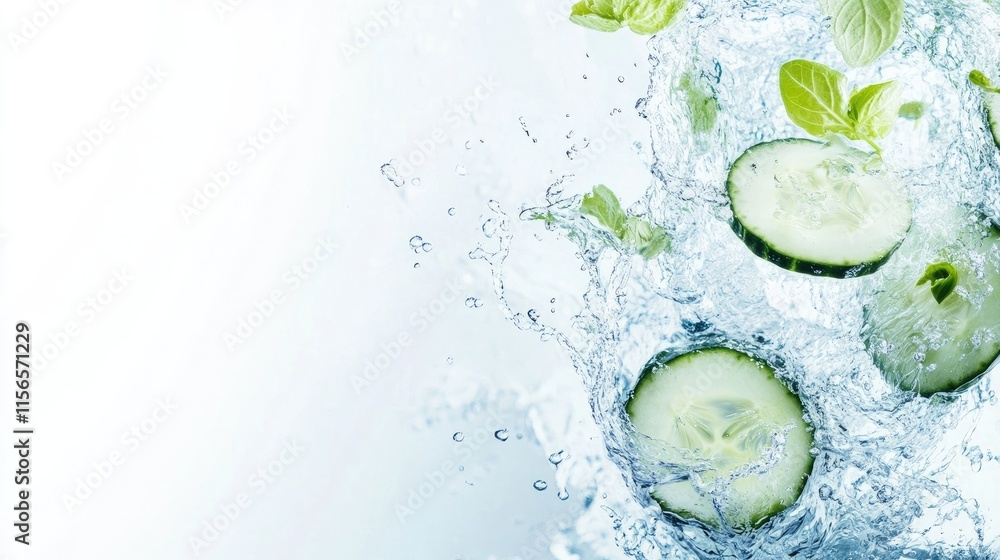 Poster fresh cucumber slices and mint leaves splashing in water with empty space for hydration or cooking t