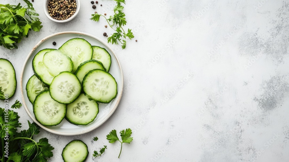 Poster fresh cucumber slices on a white background with herbs and spices providing ample space for text and