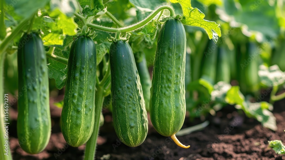 Aufkleber cucumber plants with fresh vegetables growing in rows on an organic farm with empty space for text d