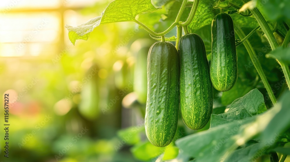 Poster cucumber plants growing in greenhouse with sunlight filtering through blinds and ample copy space fo