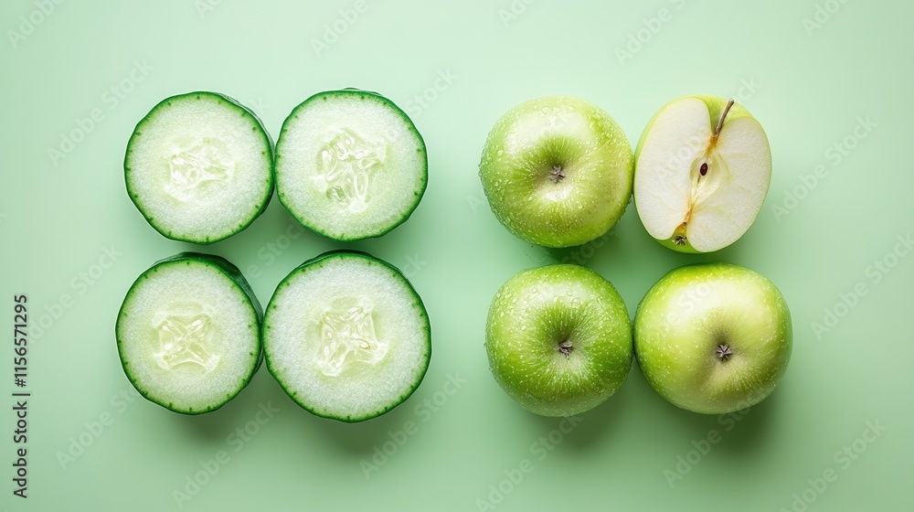 Poster refreshing cucumber and green apple drink with sliced ingredients on green background and space for 
