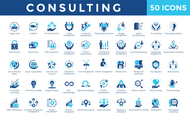 Consulting icons set with supply chain, logistics, human resources, talent management, leadership development, organizational culture, change management icon. Simple flat vector 
