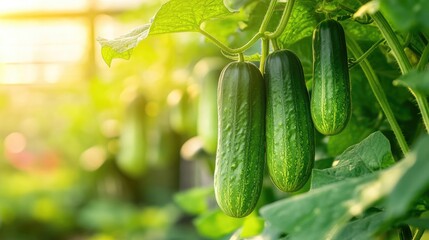 Cucumber plants growing in greenhouse with sunlight filtering through blinds and ample copy space for text and design elements