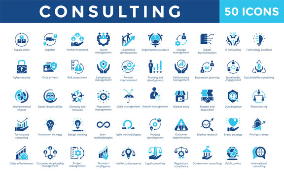 Consulting icons set with supply chain, logistics, human resources, talent management, leadership development, organizational culture, change management icon. Simple flat vector 
