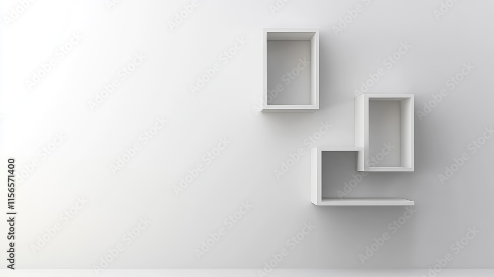 Poster minimalist cube shelf arrangement in contemporary living room with blank space for custom text or br