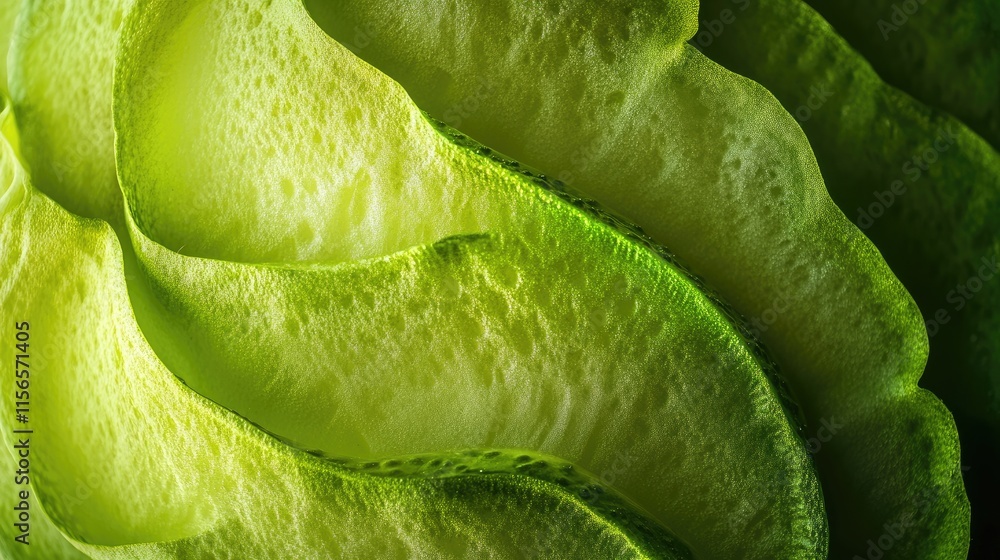 Poster fresh green cucumber texture close up with layers and empty copy space for text ideal for culinary o