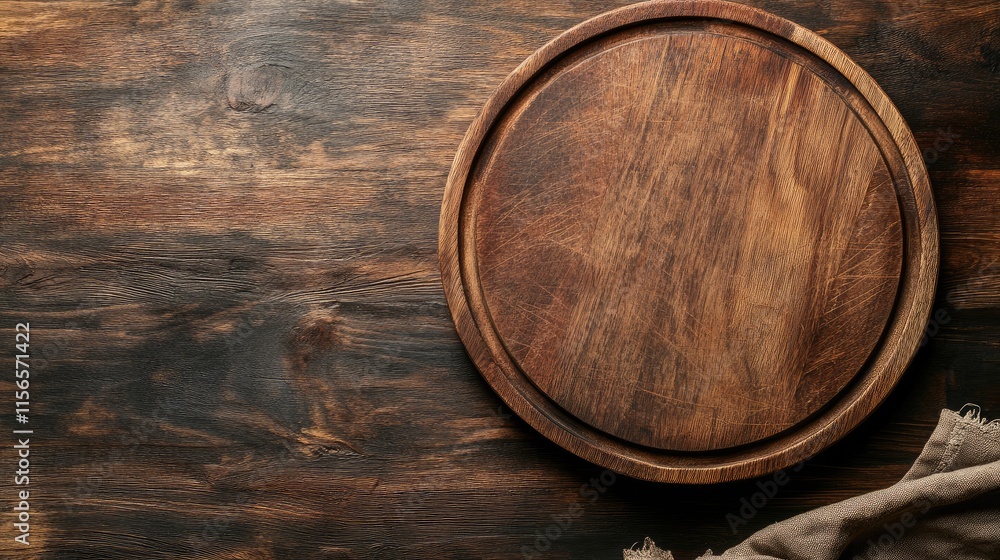 Poster culinary competition judging wooden platter on rustic table with empty space for text and creative c
