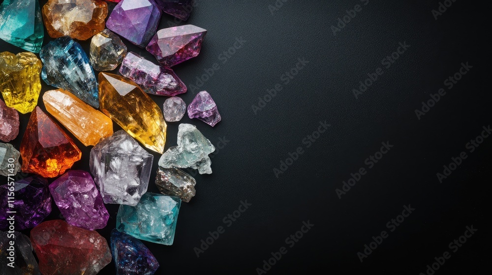 Poster colorful crystals and gemstones arranged artistically on a black background with ample copy space fo