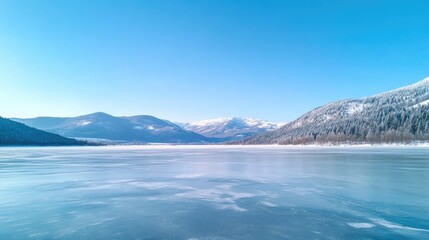 Obraz premium Winter landscape with a crystalline lake surrounded by snowy mountains under a clear blue sky perfect for travel imagery and text placement